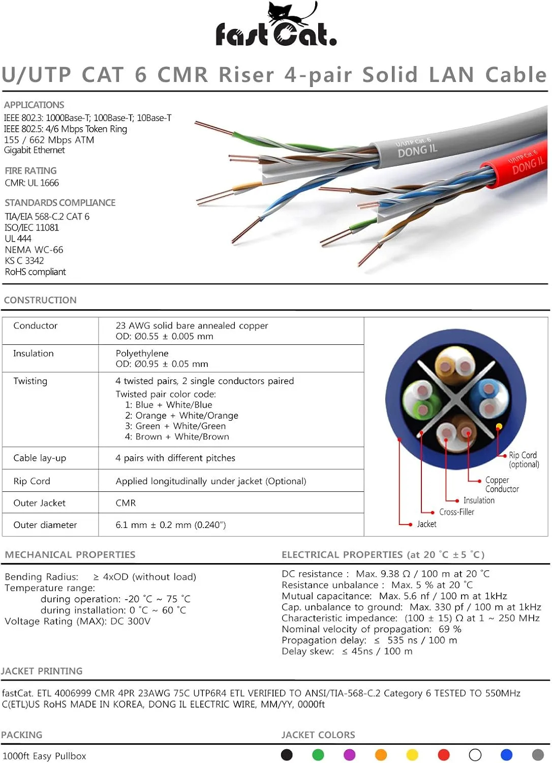 fast Cat. Cat 6 Ethernet Cable 1000ft (Blue) - 23 AWG, CMR, Insulated Solid Bare Copper Wire Cat 6 Cable with Noise Reducing Cross Separator - 550MHZ / 10 Gigabit Speed UTP LAN Cat6 Cable 1000ft - CMR
