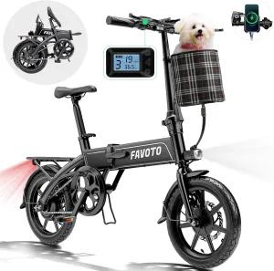 Favoto Aluminum Lightweight Folding Electric Bike-14 Ebike for Adults with 36V 10.4Ah, 374WH Battery Up to 25 Miles 18MPH, Dual Disc Brakes Electric Bicycle for Commuting,UL 2849 Certified