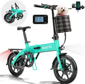 Favoto Aluminum Lightweight Folding Electric Bike-14 Ebike for Adults with 36V 10.4Ah, 374WH Battery Up to 25 Miles 18MPH, Dual Disc Brakes Electric Bicycle for Commuting,UL 2849 Certified