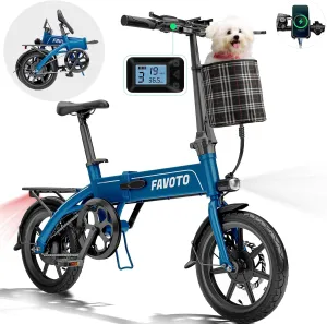 Favoto Aluminum Lightweight Folding Electric Bike-14 Ebike for Adults with 36V 10.4Ah, 374WH Battery Up to 25 Miles 18MPH, Dual Disc Brakes Electric Bicycle for Commuting,UL 2849 Certified