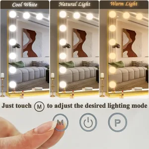 FENNIO Hollywood Vanity Mirror with Lights 32x24.5 Large Lighted Mirror Makeup Mirror with 18 Dimmable LED Bulbs and 10X Magnification 3Color Lighting USB Charging Port for Vanity Desk Tabletop,Gold