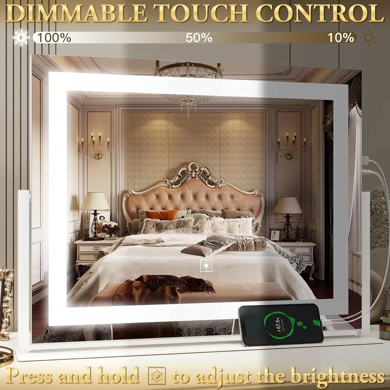 FENNIO Vanity Mirror with Lights 22''x18'' Makeup Mirror with Lights,Lighted Makeup Mirror with 10X Magnification and USB，Smart Touch Screen with 3-Color Lighting,Dimmable（Square White）