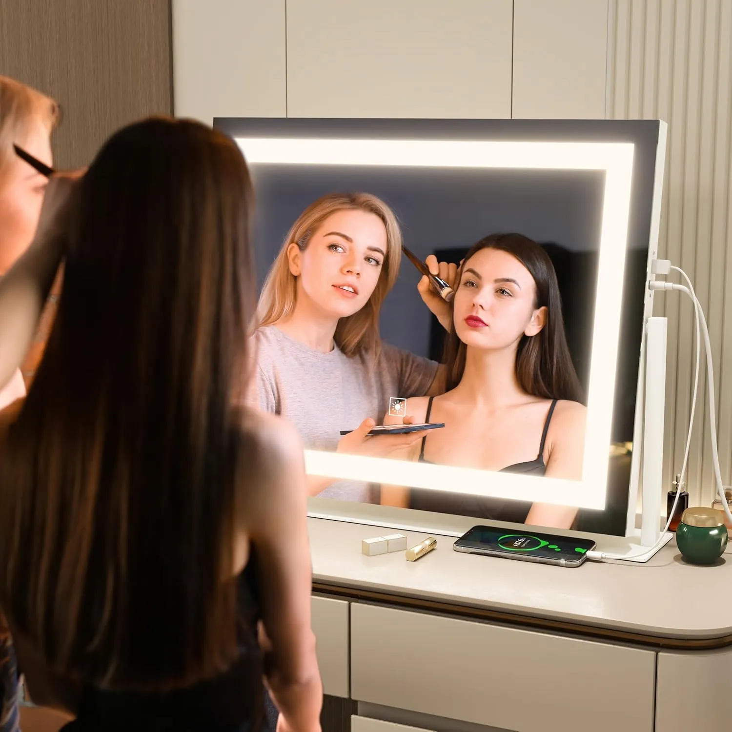 FENNIO Vanity Mirror with Lights 22''x18'' Makeup Mirror with Lights,Lighted Makeup Mirror with 10X Magnification and USB，Smart Touch Screen with 3-Color Lighting,Dimmable（Square White）