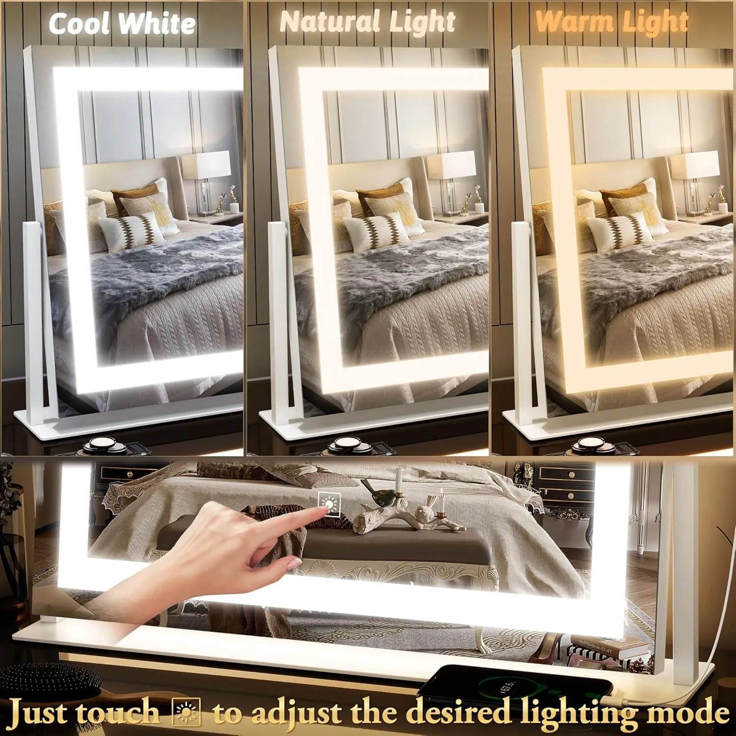 FENNIO Vanity Mirror with Lights 22''x18'' Makeup Mirror with Lights,Lighted Makeup Mirror with 10X Magnification and USB，Smart Touch Screen with 3-Color Lighting,Dimmable（Square White）