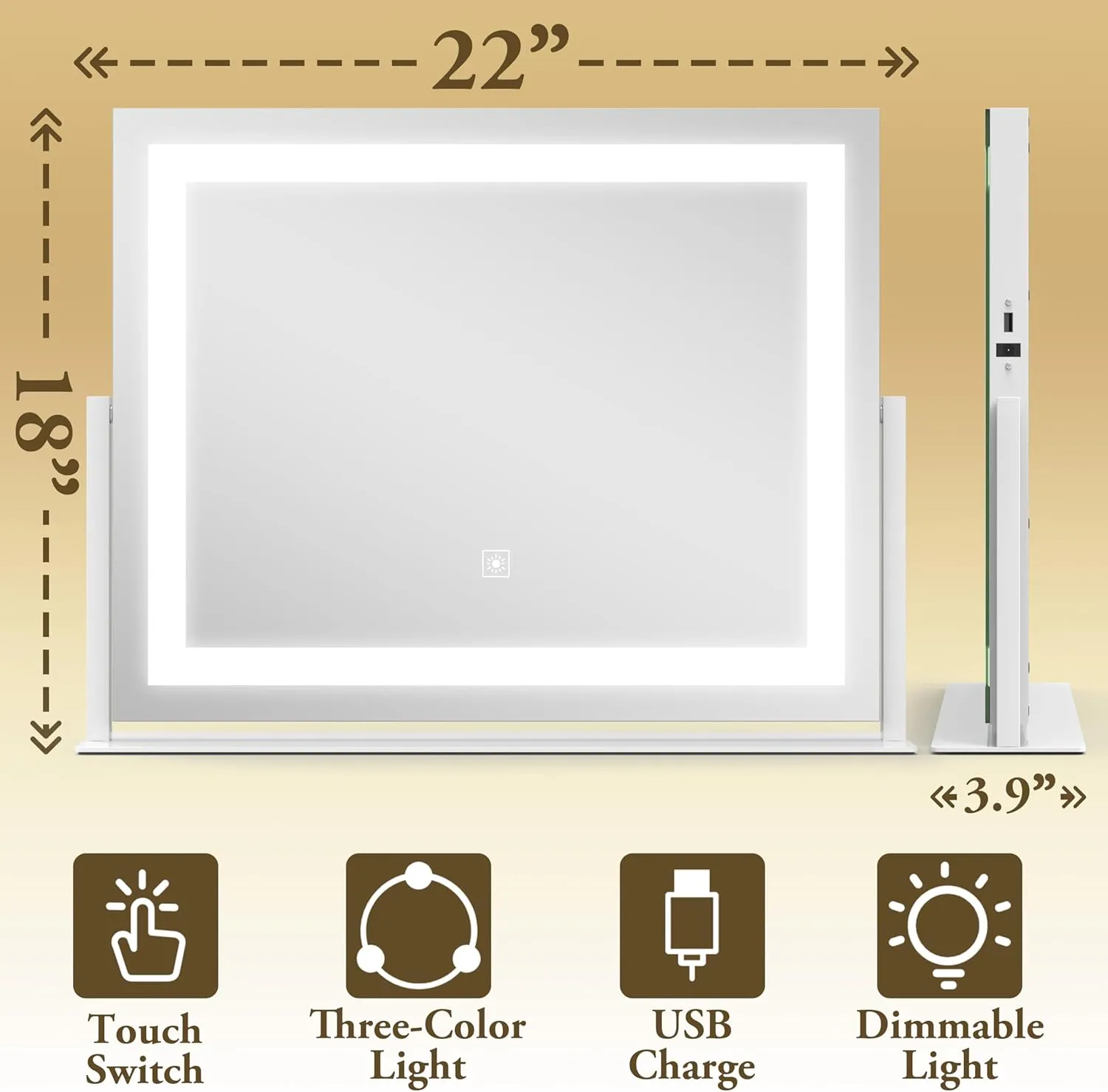 FENNIO Vanity Mirror with Lights 22''x18'' Makeup Mirror with Lights,Lighted Makeup Mirror with 10X Magnification and USB，Smart Touch Screen with 3-Color Lighting,Dimmable（Square White）