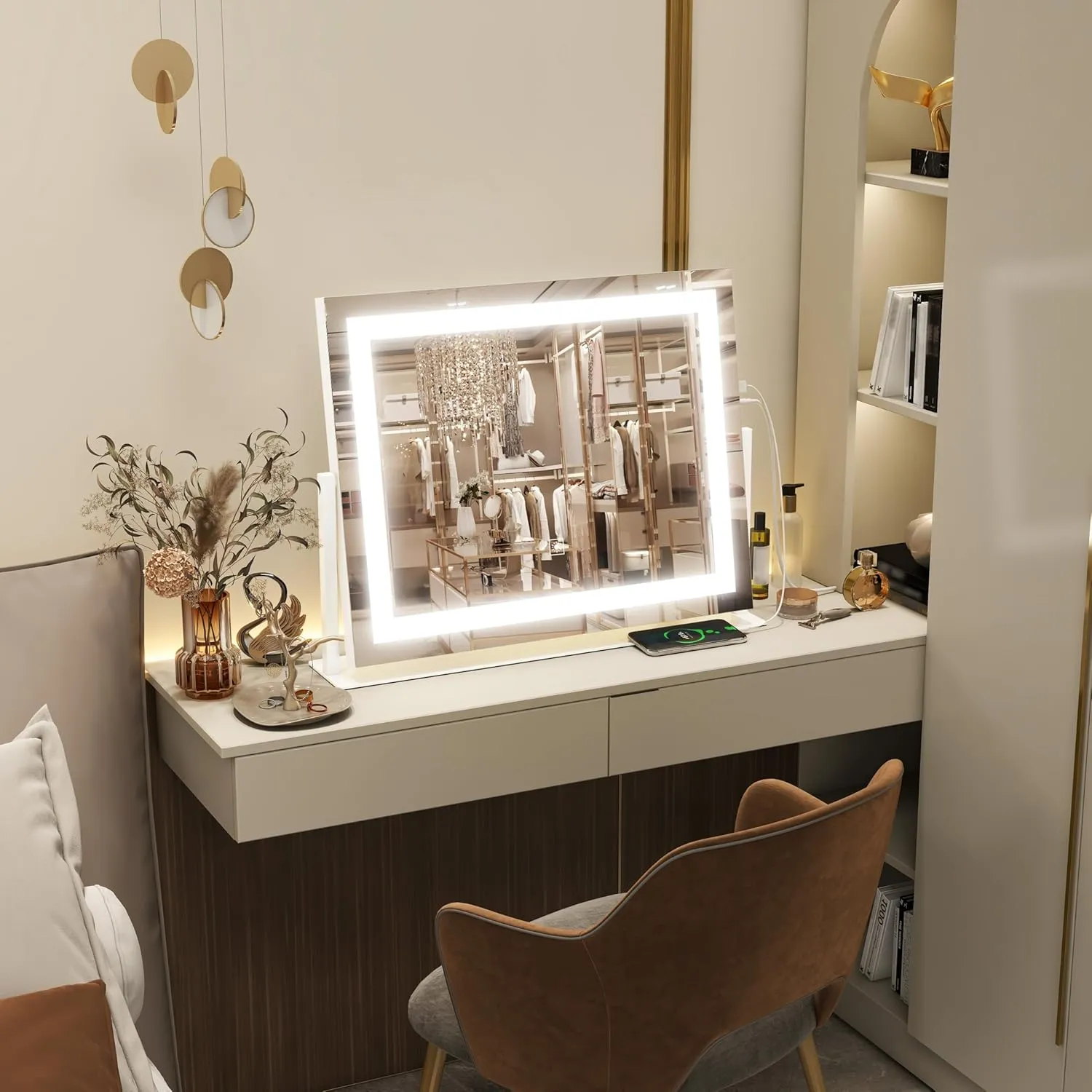 FENNIO Vanity Mirror with Lights 22''x18'' Makeup Mirror with Lights,Lighted Makeup Mirror with 10X Magnification and USB，Smart Touch Screen with 3-Color Lighting,Dimmable（Square White）