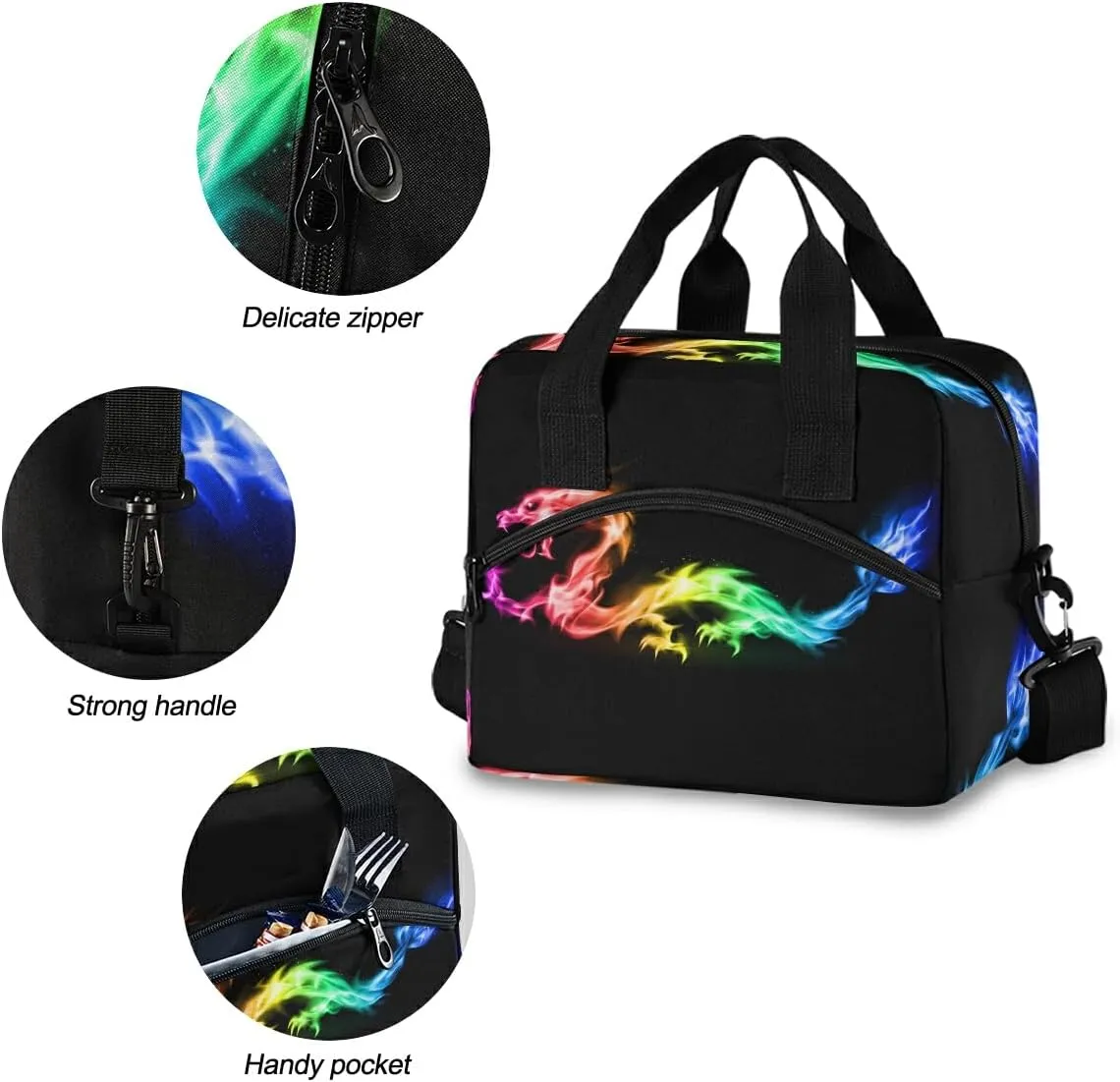 Fire Rainbow Dragon Lunch Bag Insulated Lunch Box for Women Men Tote Bag with Detachable Shoulder Strap for Office School Picnic Hiking