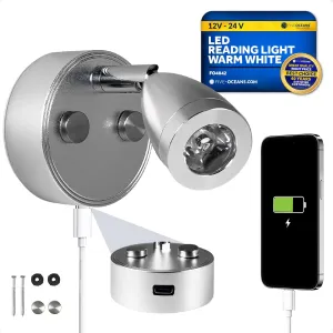 Five Oceans RV LED Reading Light with Touch Dimmer on Base/Housing/Swivel, USB-C, Warm White, 200LM, 10-28V, Interior Lights for Boats, RVs, Trailers - FO4842
