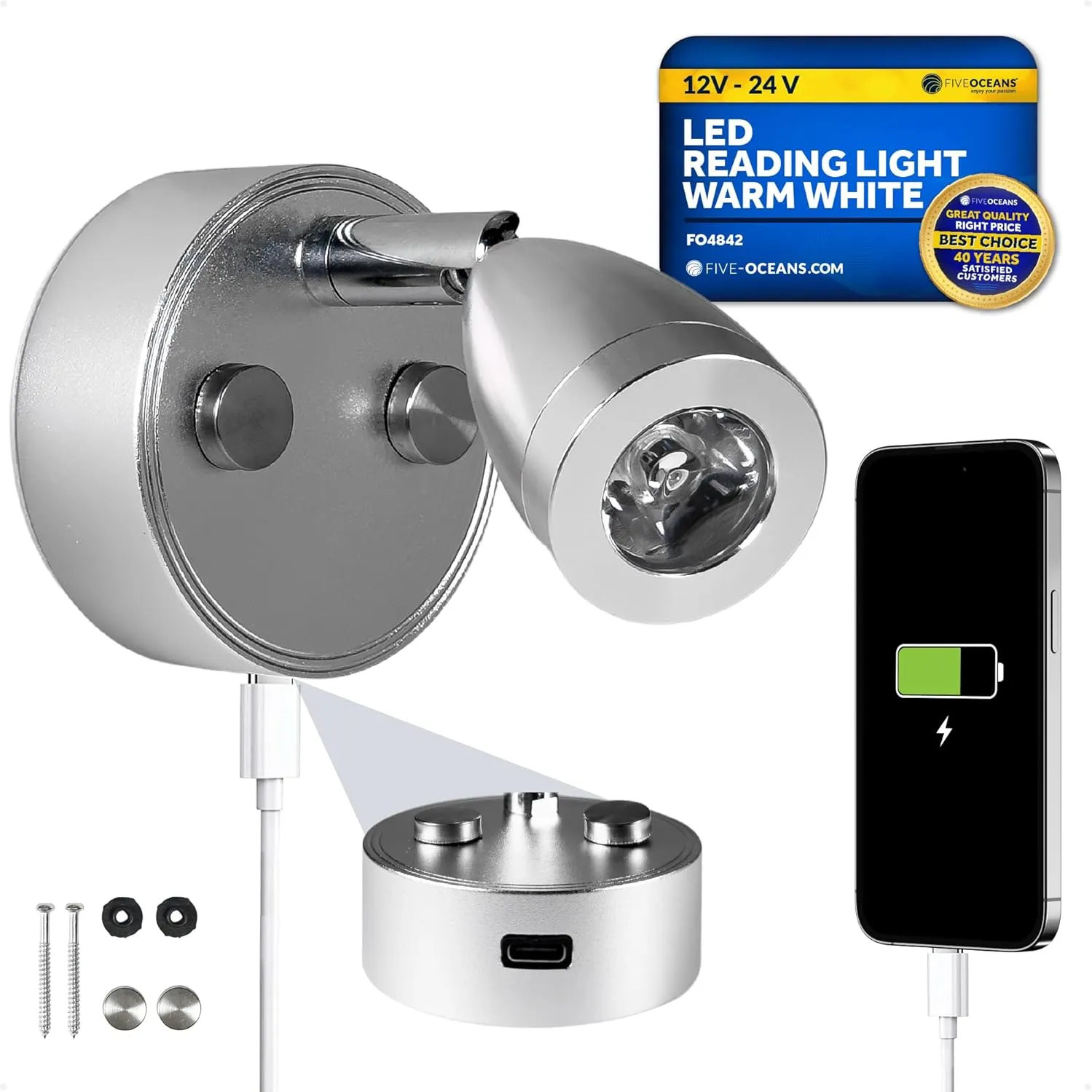 Five Oceans RV LED Reading Light with Touch Dimmer on Base/Housing/Swivel, USB-C, Warm White, 200LM, 10-28V, Interior Lights for Boats, RVs, Trailers - FO4842