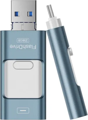 Flash Drive for iPhone 256GB, 4 in 1 USB Type C Memory Stick, Photo Stick External Storage Thumb Drive for iPhone iPad Android Computer, Sky Blue