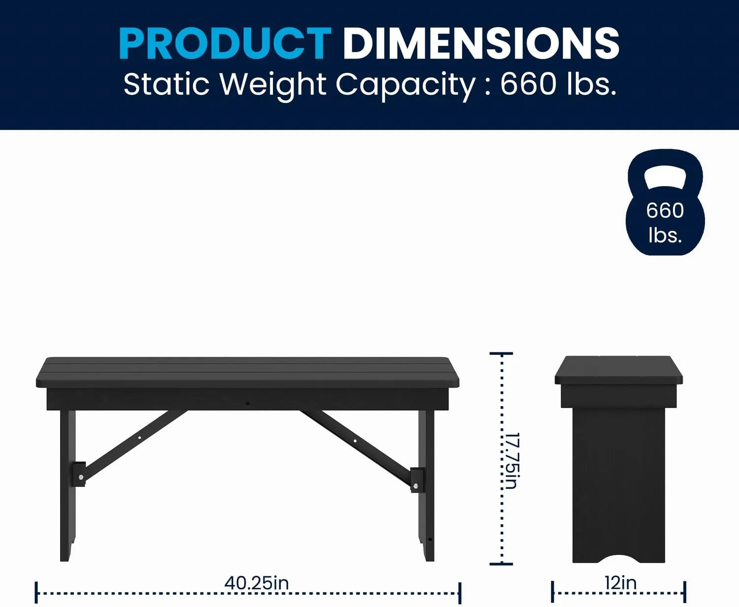 Flash Furniture Hercules Commercial Farmhouse Folding Bench, Antique Solid Pine Entryway Bench, Foldable Locking Legs, 40" x 12", Black Wash