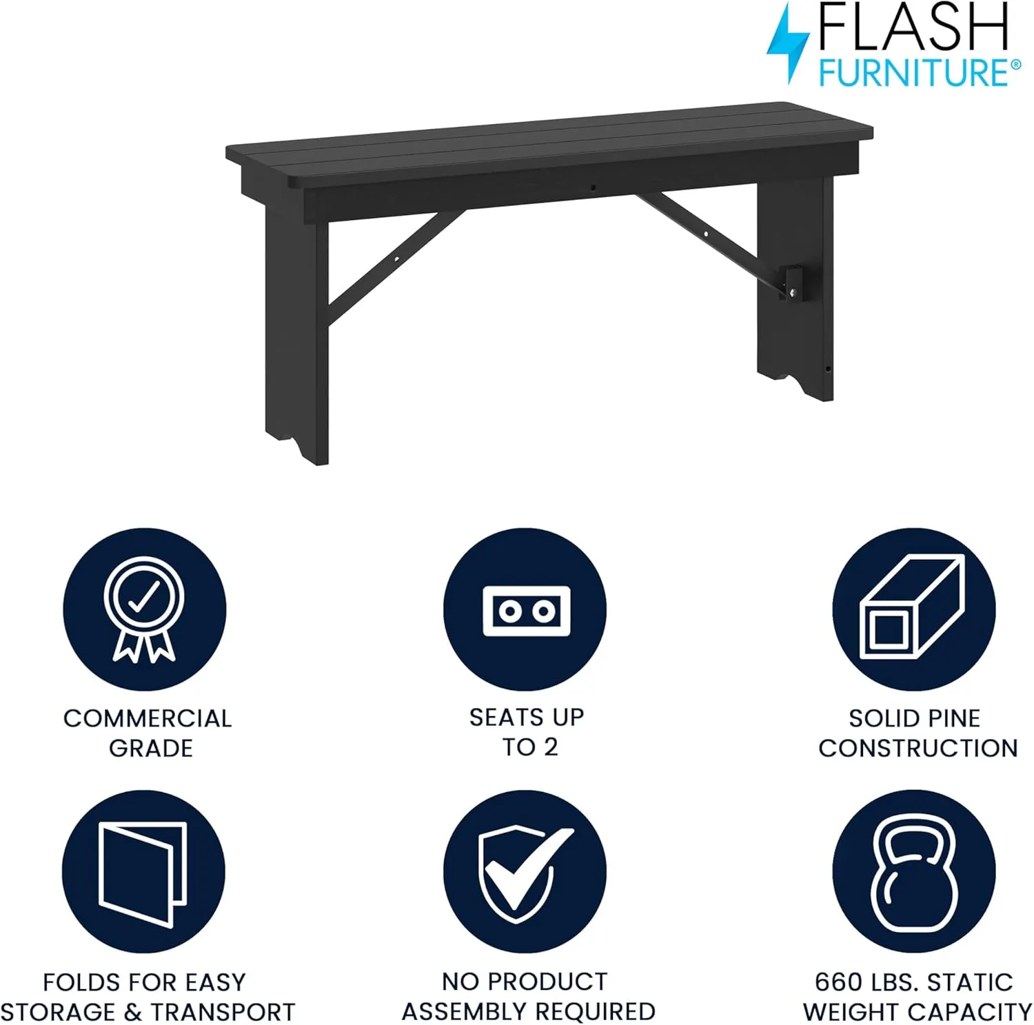 Flash Furniture Hercules Commercial Farmhouse Folding Bench, Antique Solid Pine Entryway Bench, Foldable Locking Legs, 40" x 12", Black Wash