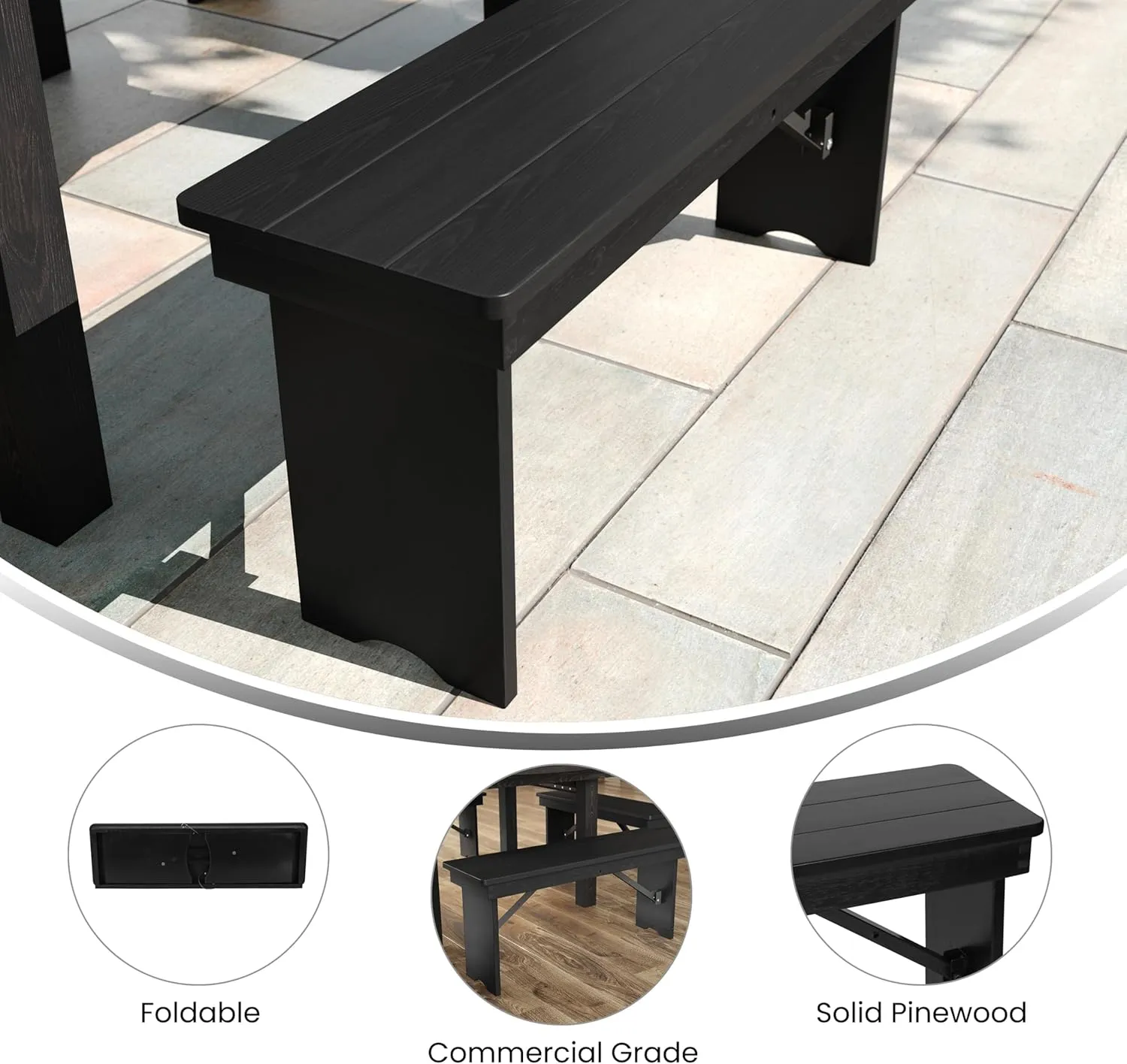 Flash Furniture Hercules Commercial Farmhouse Folding Bench, Antique Solid Pine Entryway Bench, Foldable Locking Legs, 40" x 12", Black Wash