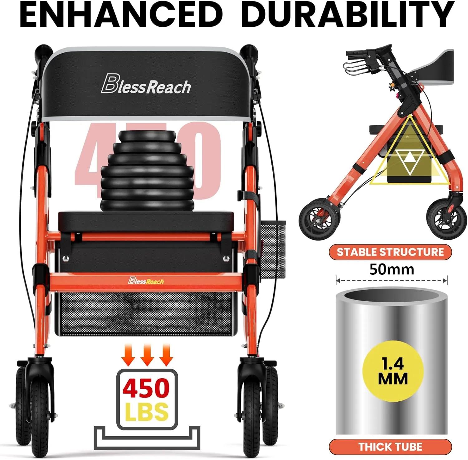 Foldable Rollator Walkers with Seat for Seniors, 450 lb Capacity, 8'' Wheels, 18" Big Seat, 6-Position Adjustable Height, Heavy-Duty Aluminum Rolling Walker (Red)