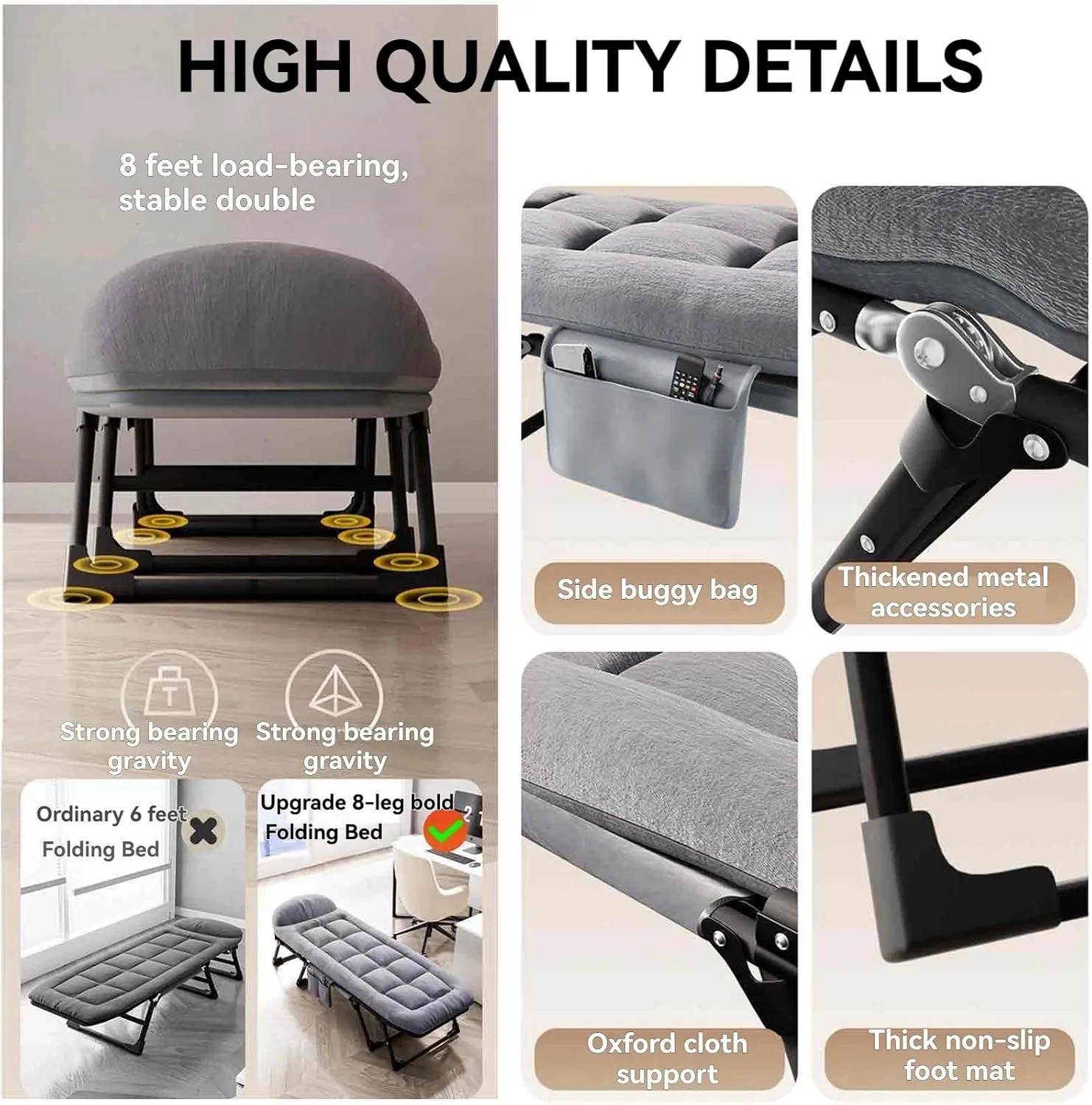 Folding Bed with Mattress for Adults, Queen Rollaway Beds with Multiple Adjustable Gears, Ergonomic Design, for Guests for Outdoor Travel & Office/Home Nap, Easy Storage(Style 8-55x170)