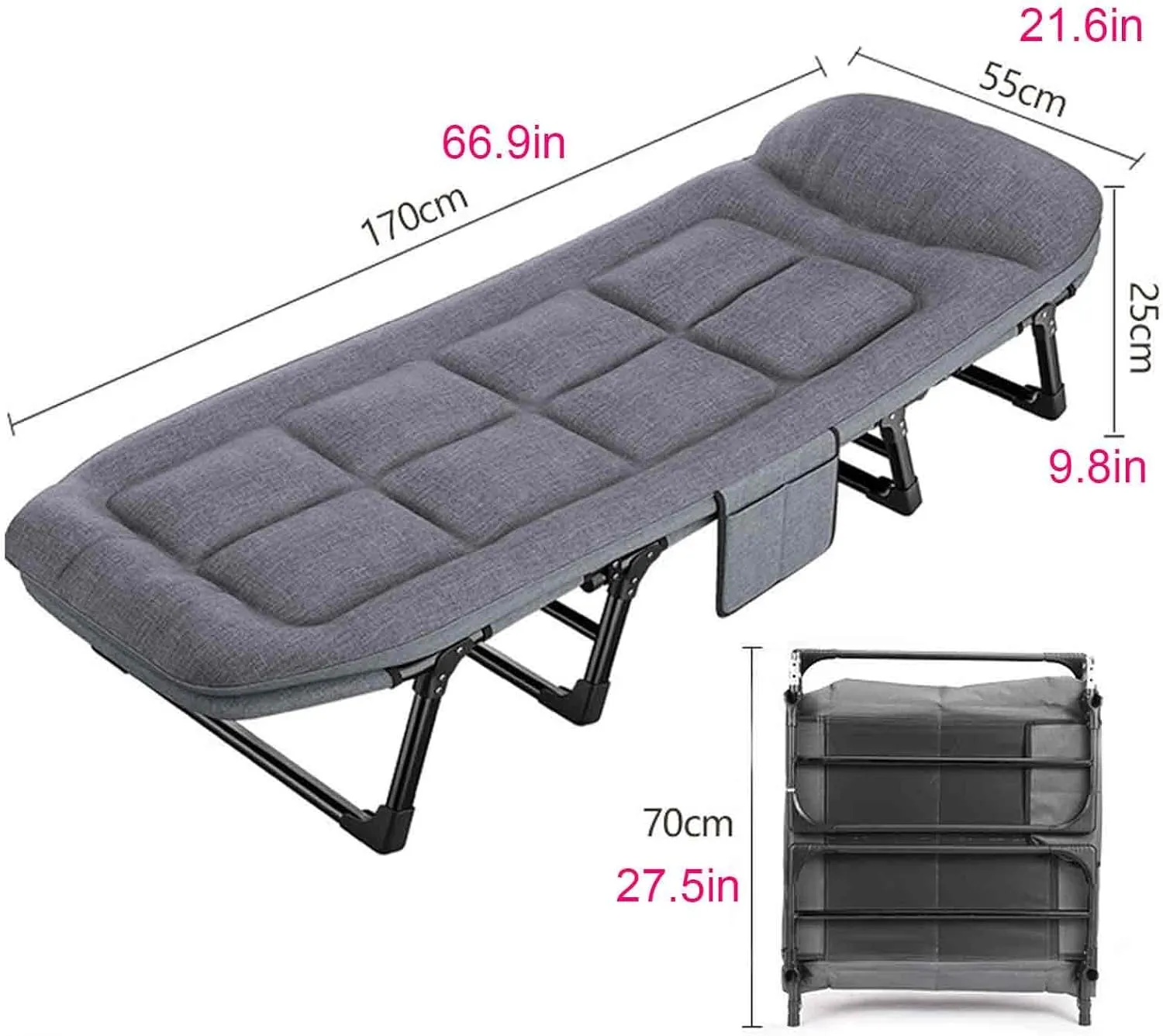 Folding Bed with Mattress for Adults, Queen Rollaway Beds with Multiple Adjustable Gears, Ergonomic Design, for Guests for Outdoor Travel & Office/Home Nap, Easy Storage(Style 8-55x170)