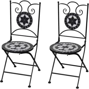 Folding Bistro Chairs Set of 2 Ceramic Black and White Outdoor Patio Chairs for Garden Balcony Lounge Dining