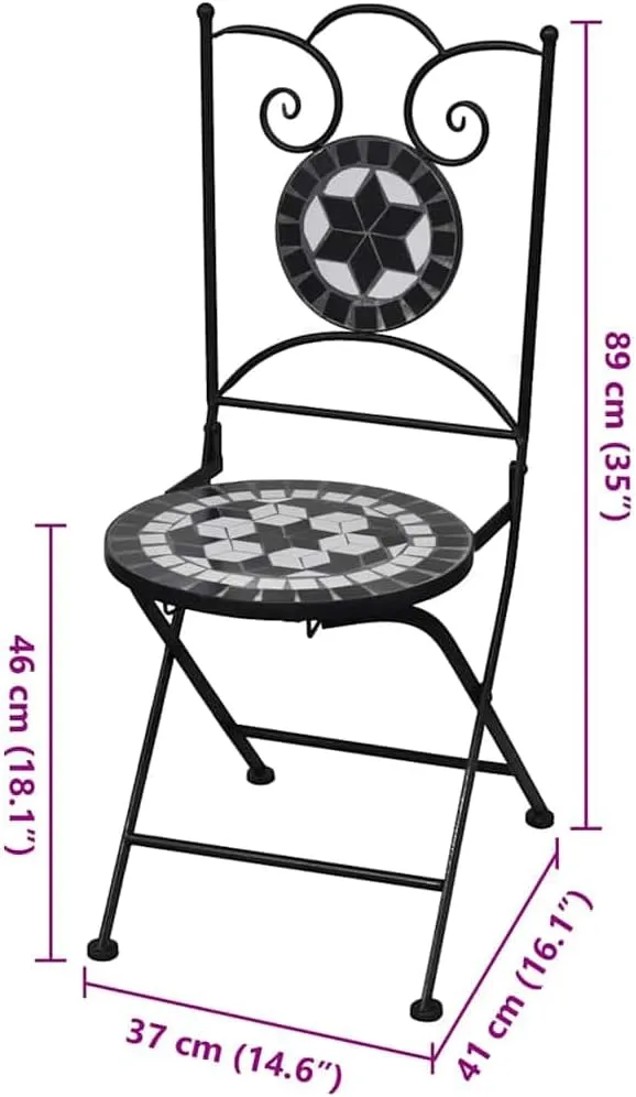 Folding Bistro Chairs Set of 2 Ceramic Black and White Outdoor Patio Chairs for Garden Balcony Lounge Dining