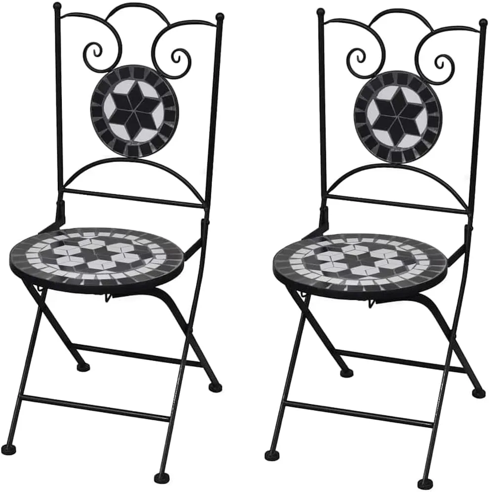 Folding Bistro Chairs Set of 2 Ceramic Black and White Outdoor Patio Chairs for Garden Balcony Lounge Dining
