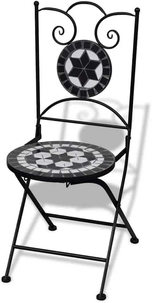 Folding Bistro Chairs Set of 2 Ceramic Black and White Outdoor Patio Chairs for Garden Balcony Lounge Dining