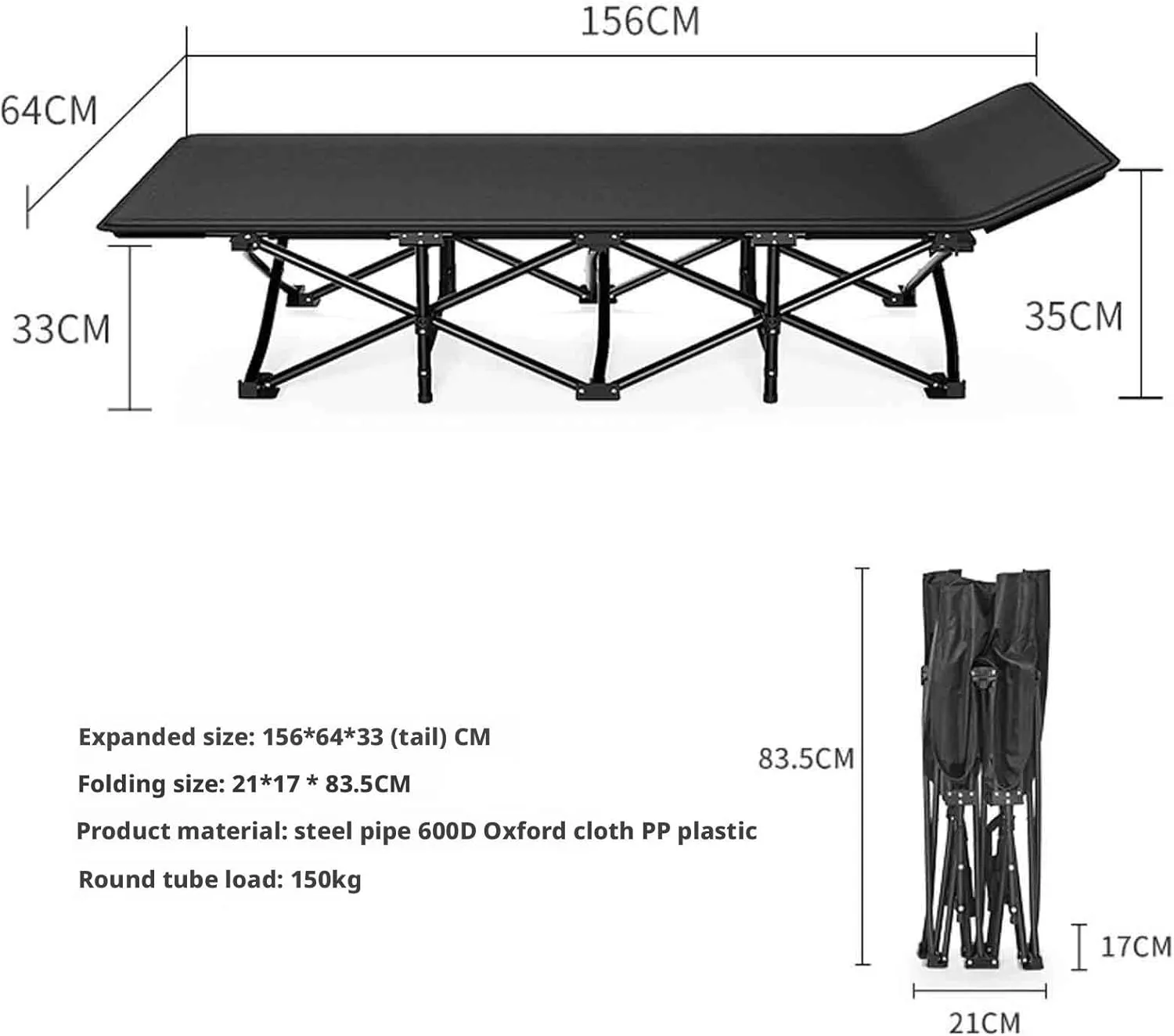 Folding Camping Bed, Portable Beds for Adults, Ergonomics, Frosted Craftsmanship, 600D Oxford Cloth, Non-Slip Foot Pad, Portable Storage(66x188)