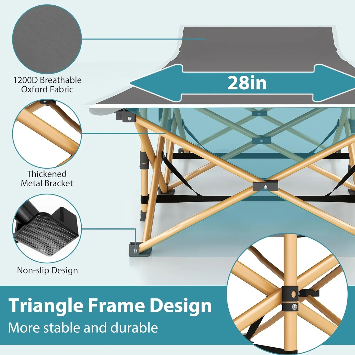 Folding Camping Cot for Adults, Heavy Duty Sleeping Cots with Carry Bag, Double Layer Oxford Portable Travel Camp Cots for Outdoor Camp Beach Home Office (Brass Frame with Gray Pad, 1PACK)