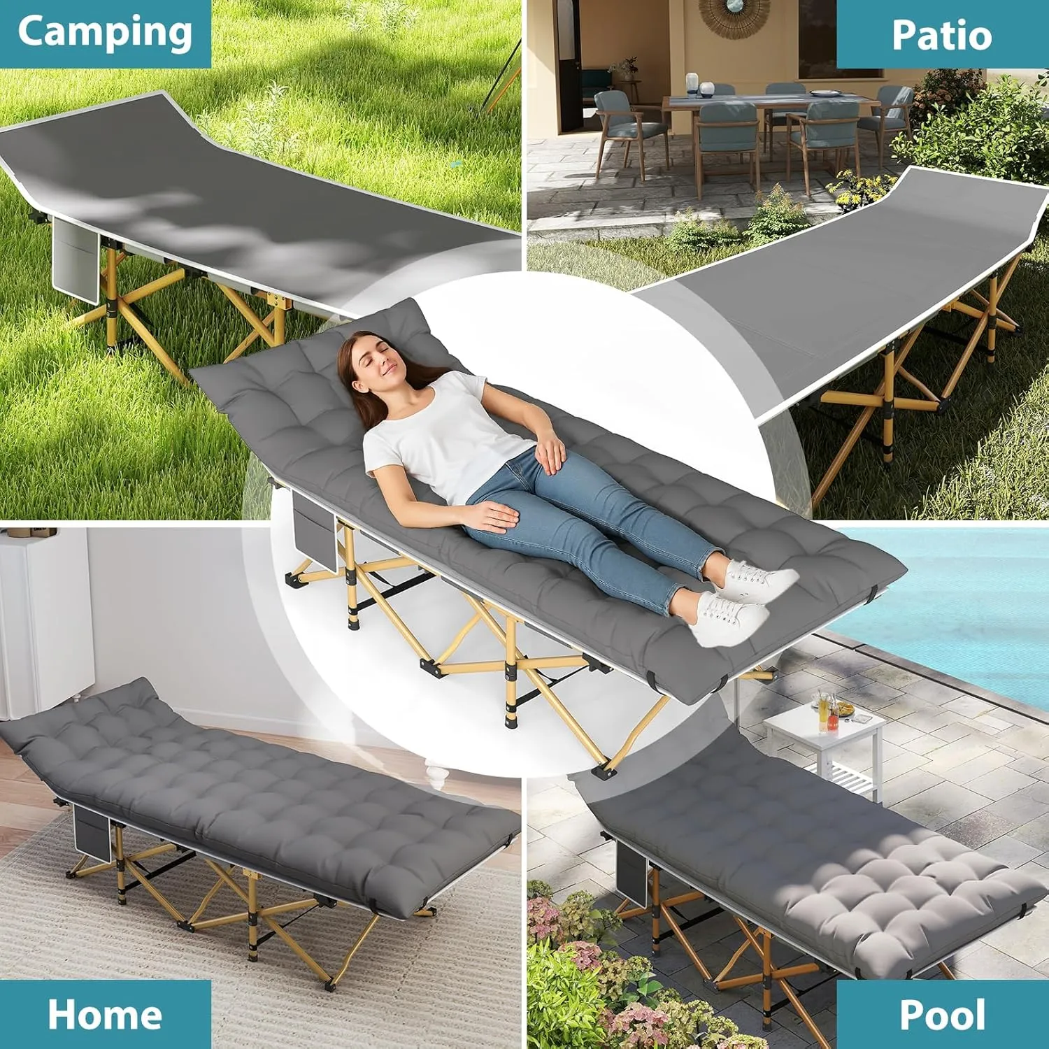 Folding Camping Cot for Adults, Heavy Duty Sleeping Cots with Carry Bag, Double Layer Oxford Portable Travel Camp Cots for Outdoor Camp Beach Home Office (Brass Frame with Gray Pad, 1PACK)
