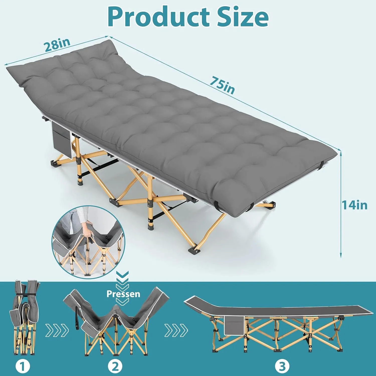 Folding Camping Cot for Adults, Heavy Duty Sleeping Cots with Carry Bag, Double Layer Oxford Portable Travel Camp Cots for Outdoor Camp Beach Home Office (Brass Frame with Gray Pad, 1PACK)