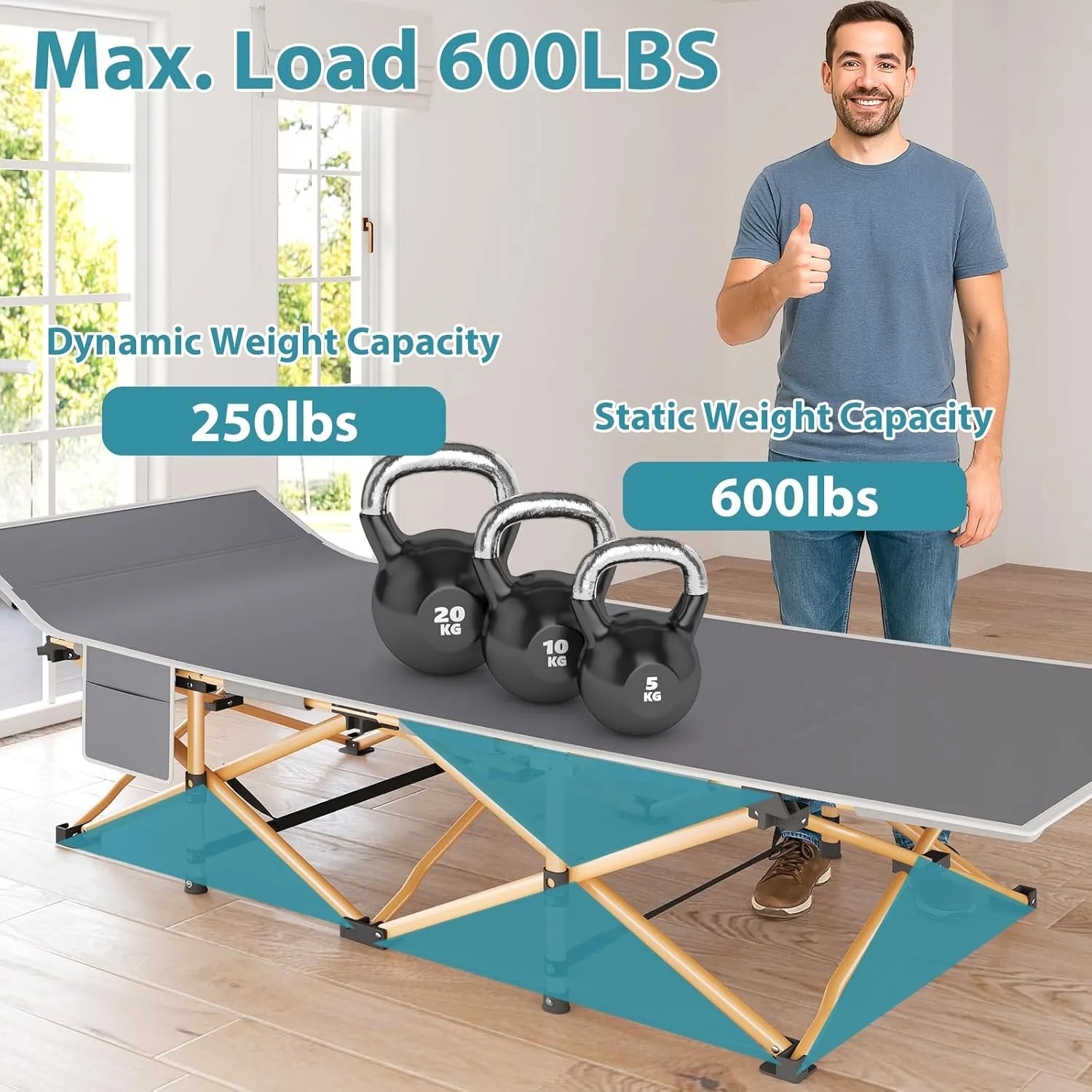 Folding Camping Cot for Adults, Heavy Duty Sleeping Cots with Carry Bag, Double Layer Oxford Portable Travel Camp Cots for Outdoor Camp Beach Home Office (Brass Frame with Gray Pad, 1PACK)