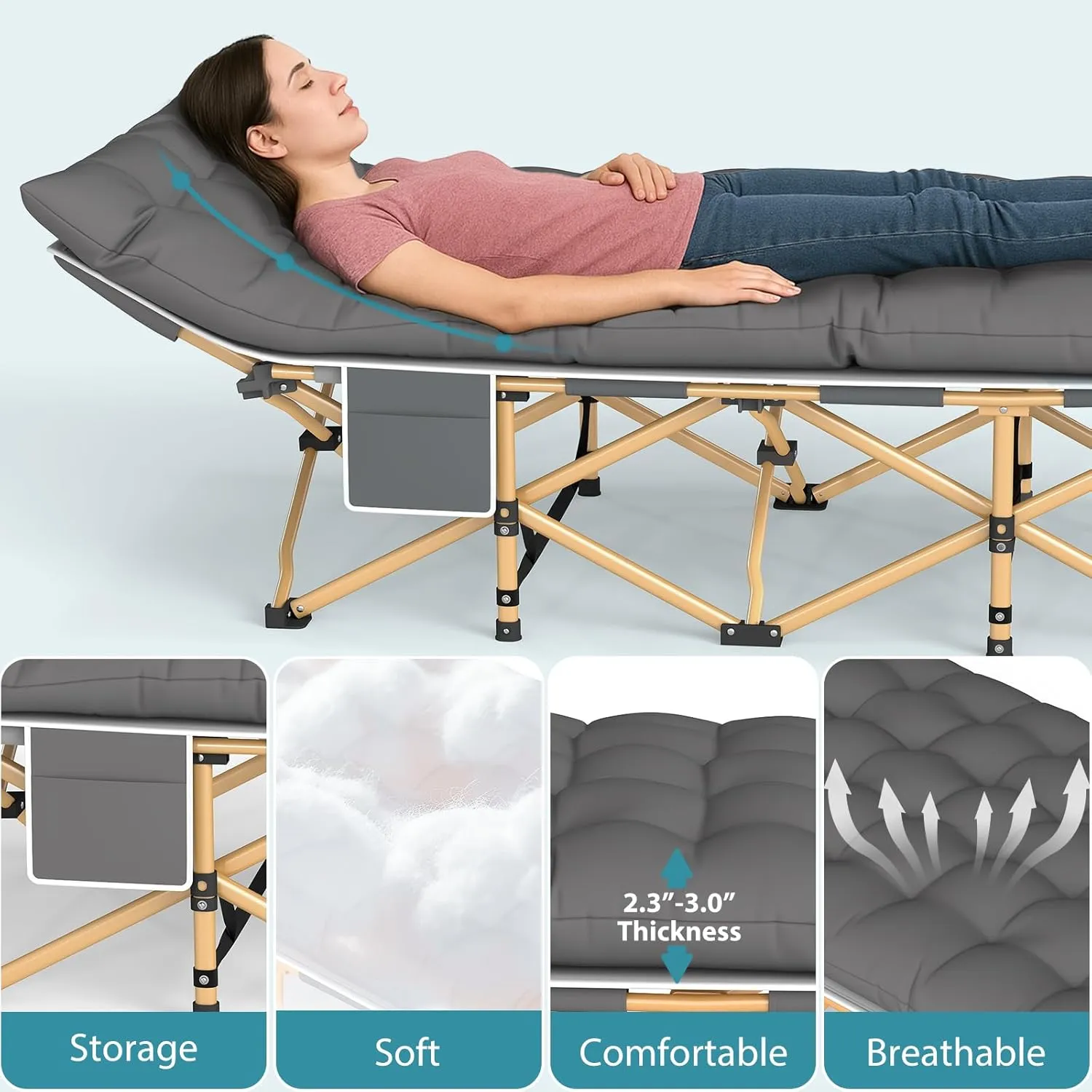 Folding Camping Cot for Adults, Heavy Duty Sleeping Cots with Carry Bag, Double Layer Oxford Portable Travel Camp Cots for Outdoor Camp Beach Home Office (Brass Frame with Gray Pad, 1PACK)