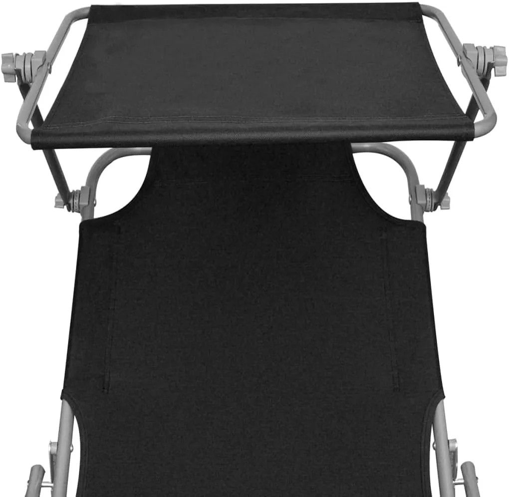 Folding Sun Lounger with Canopy Steel and Fabric BlackLuxury Sun Loungers with Adjustable Backrest and Cushioned Seat