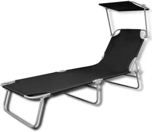Folding Sun Lounger with Canopy Steel and Fabric BlackLuxury Sun Loungers with Adjustable Backrest and Cushioned Seat