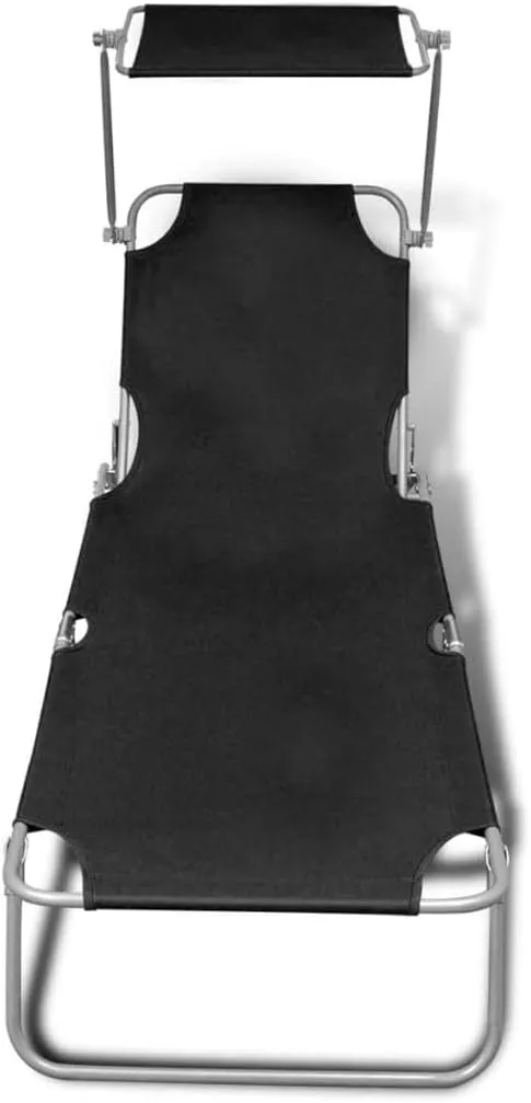 Folding Sun Lounger with Canopy Steel and Fabric BlackLuxury Sun Loungers with Adjustable Backrest and Cushioned Seat