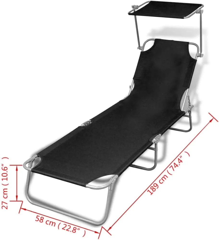 Folding Sun Lounger with Canopy Steel and Fabric BlackLuxury Sun Loungers with Adjustable Backrest and Cushioned Seat