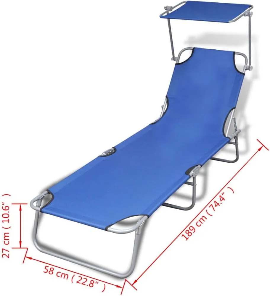 Folding Sun Lounger with Canopy Steel and Fabric BlueLuxury Sun Loungers with Adjustable Backrest and Cushioned Seat