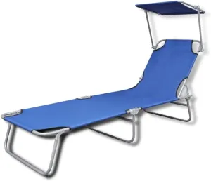 Folding Sun Lounger with Canopy Steel and Fabric BlueLuxury Sun Loungers with Adjustable Backrest and Cushioned Seat