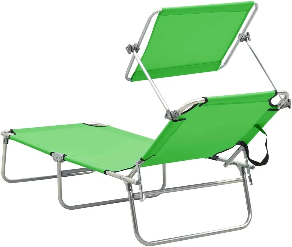 Folding Sun Lounger with Canopy Steel Apple GreenLuxury Sun Loungers with Adjustable Backrest and Cushioned Seat