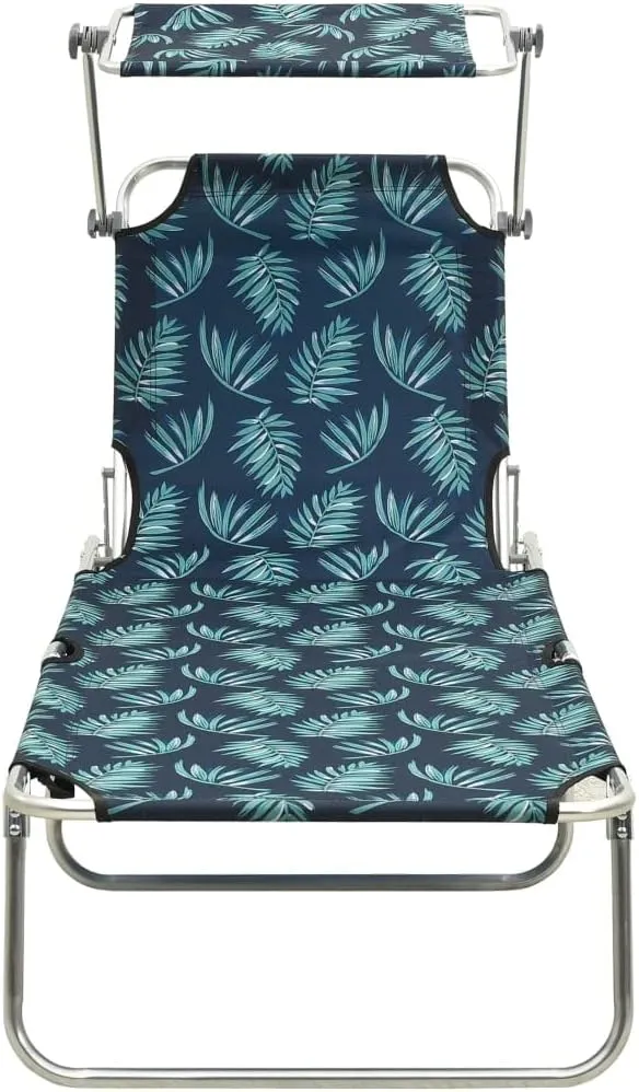 Folding Sun Lounger with Canopy Steel Leaves PrintLuxury Sun Loungers with Adjustable Backrest and Cushioned Seat