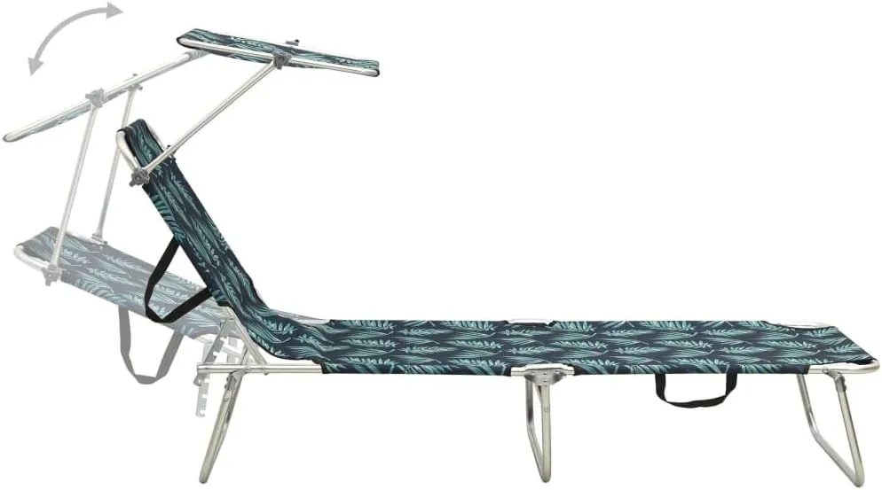Folding Sun Lounger with Canopy Steel Leaves PrintLuxury Sun Loungers with Adjustable Backrest and Cushioned Seat