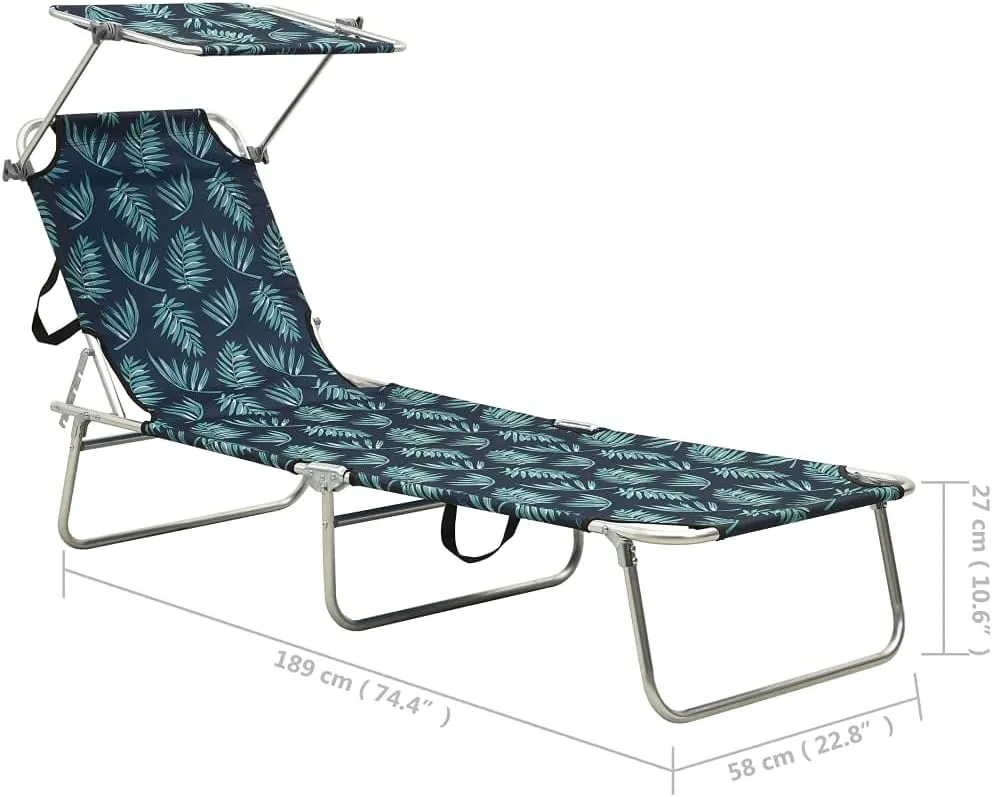 Folding Sun Lounger with Canopy Steel Leaves PrintLuxury Sun Loungers with Adjustable Backrest and Cushioned Seat