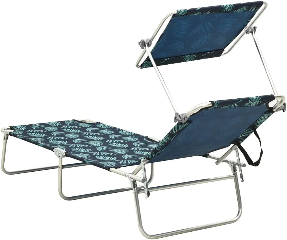 Folding Sun Lounger with Canopy Steel Leaves PrintLuxury Sun Loungers with Adjustable Backrest and Cushioned Seat