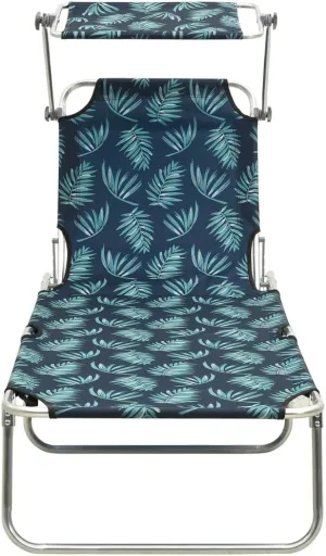 Folding Sun Lounger with Canopy Steel Leaves PrintLuxury Sun Loungers with Adjustable Backrest and Cushioned Seat