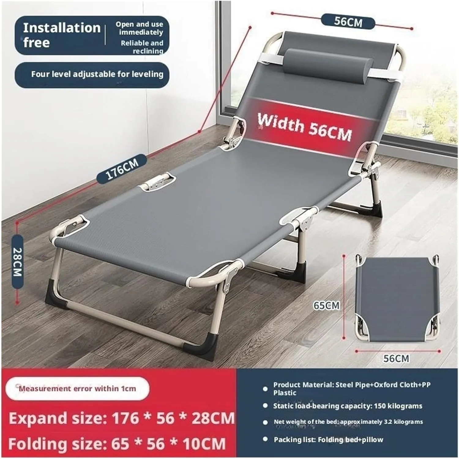 Folding Twin Bed, Folded Bed Queen, Sleeping Cots for Adults, Ergonomic Design, 4-Level Backrest Adjustment, Washable Design, no Installation Required(Style2-56x176)