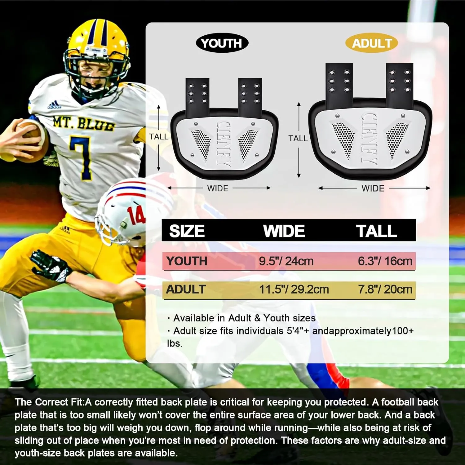 Football Back Plate for Shoulder Pads, Backplate Youth and Adult Football Players, Hard Shell Lower Back Protector with Contoured Foam, High-Impact Protection