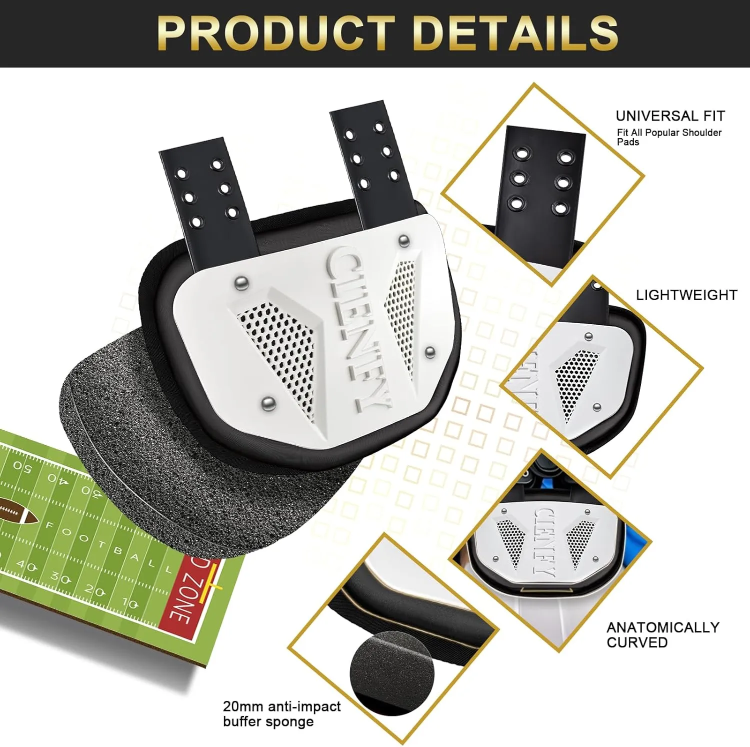 Football Back Plate for Shoulder Pads, Backplate Youth and Adult Football Players, Hard Shell Lower Back Protector with Contoured Foam, High-Impact Protection