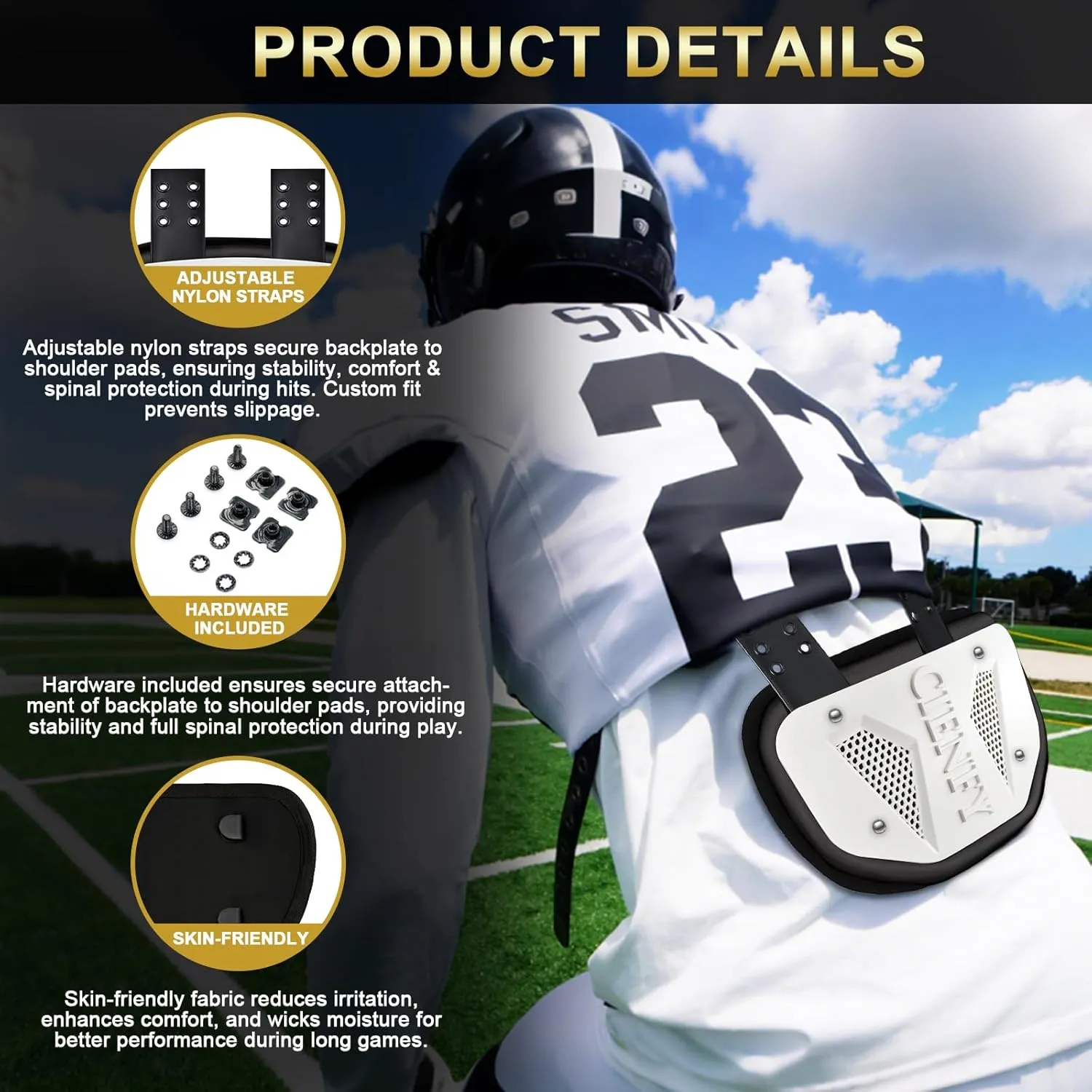 Football Back Plate for Shoulder Pads, Backplate Youth and Adult Football Players, Hard Shell Lower Back Protector with Contoured Foam, High-Impact Protection