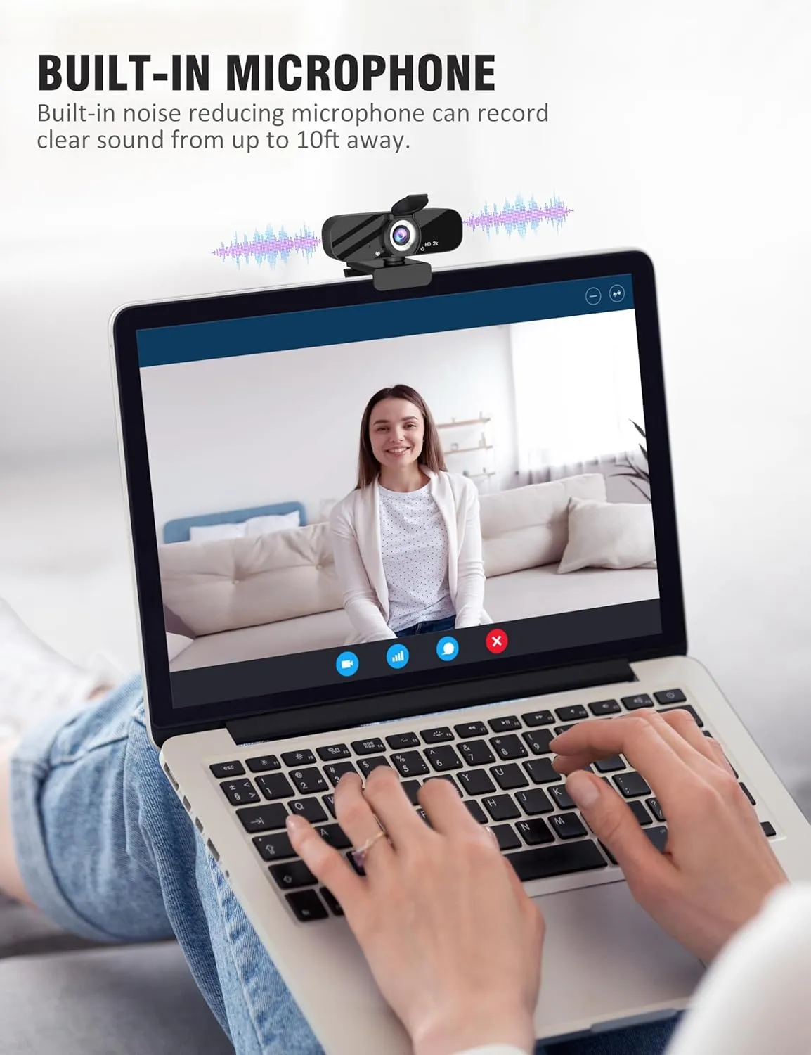 Full HD Webcam with Built-in Microphone and Rotatable Tripod, 2K Video and Wide Angle Camera, Privacy Cover, for Desktop PC or Laptop Computer