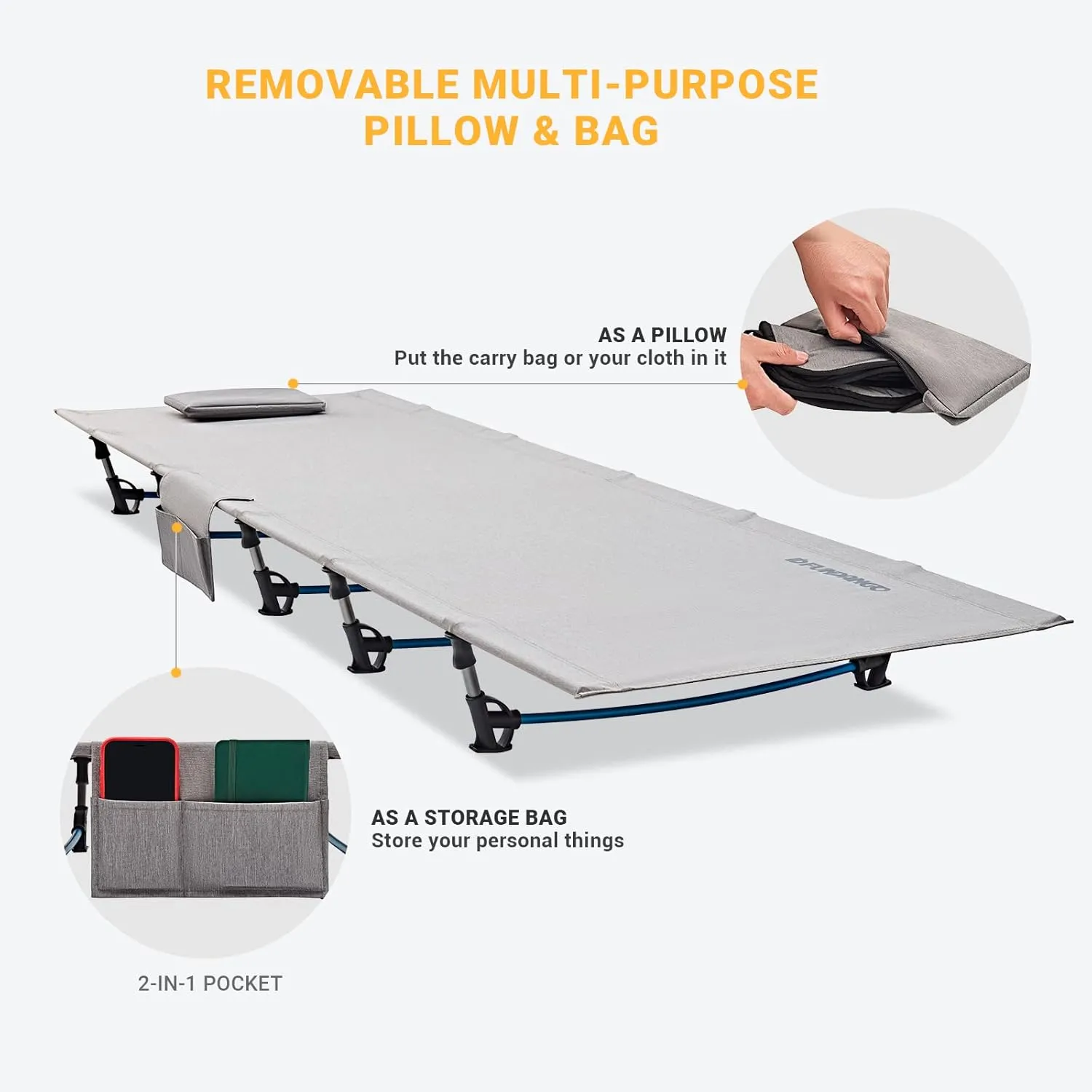 FUNDANGO Ultralight Folding Camping Cot, Extra Long Backpacking Camping Cots for Adults Protable Cot Bed for Hiking Travel Home Mountaineering, Grey
