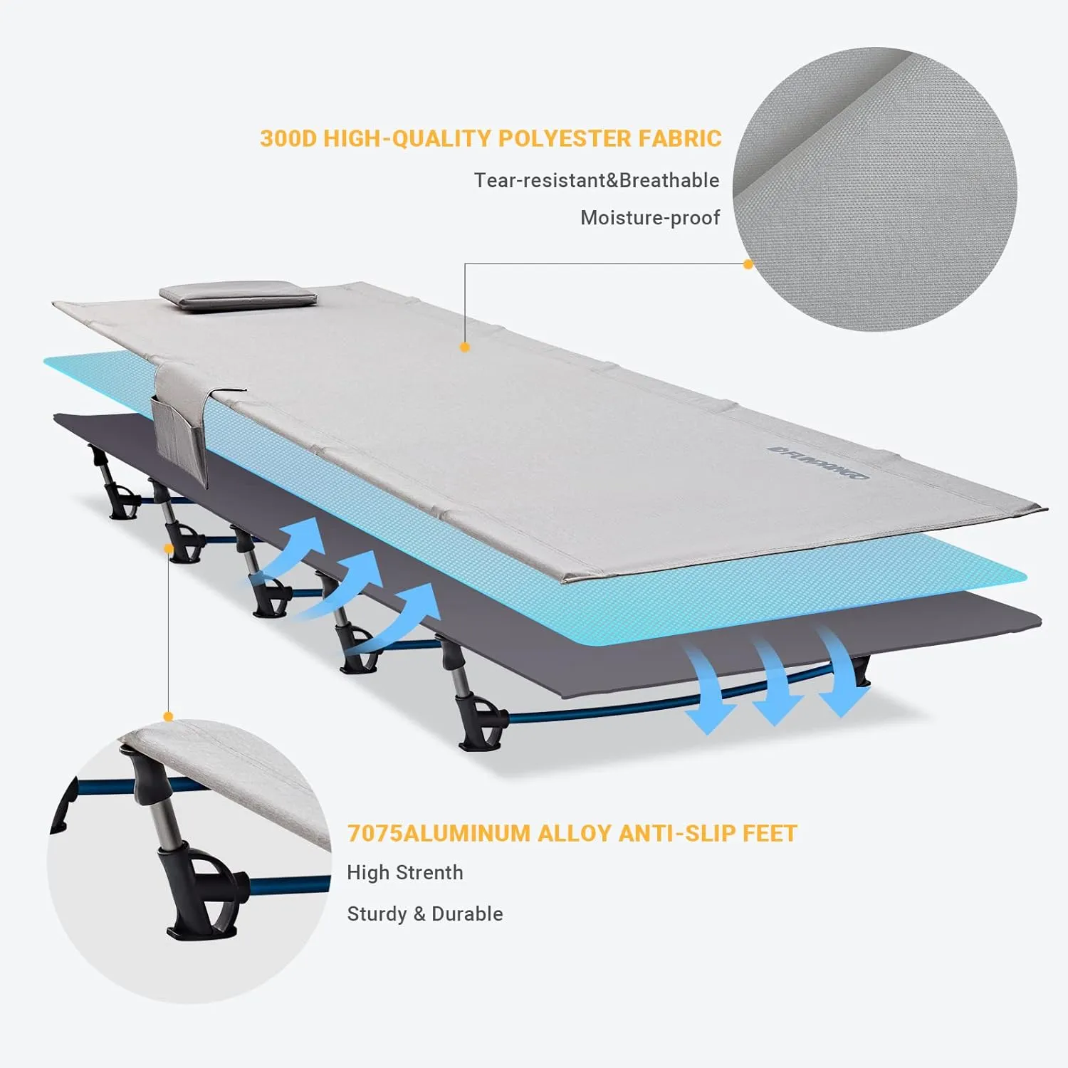 FUNDANGO Ultralight Folding Camping Cot, Extra Long Backpacking Camping Cots for Adults Protable Cot Bed for Hiking Travel Home Mountaineering, Grey