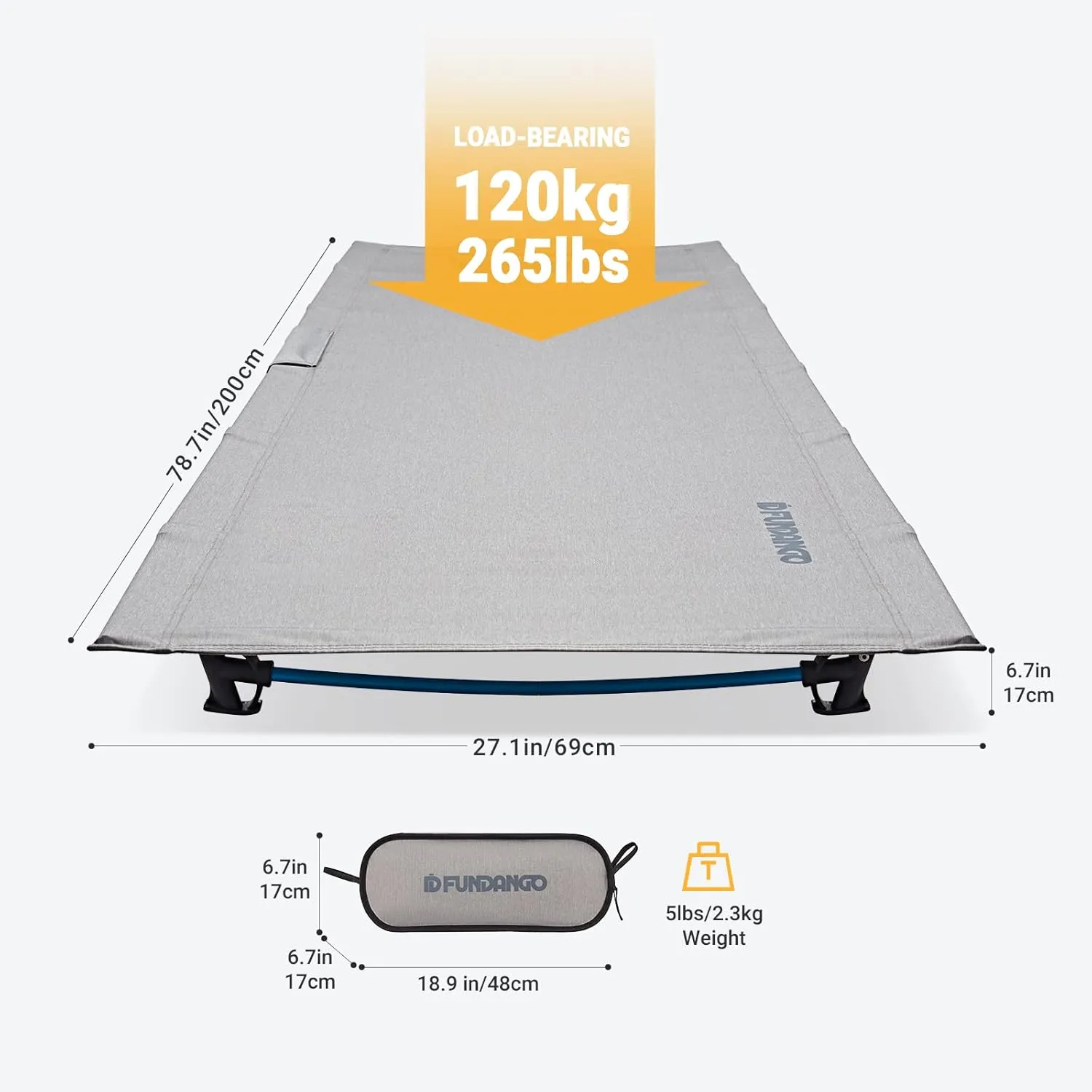 FUNDANGO Ultralight Folding Camping Cot, Extra Long Backpacking Camping Cots for Adults Protable Cot Bed for Hiking Travel Home Mountaineering, Grey